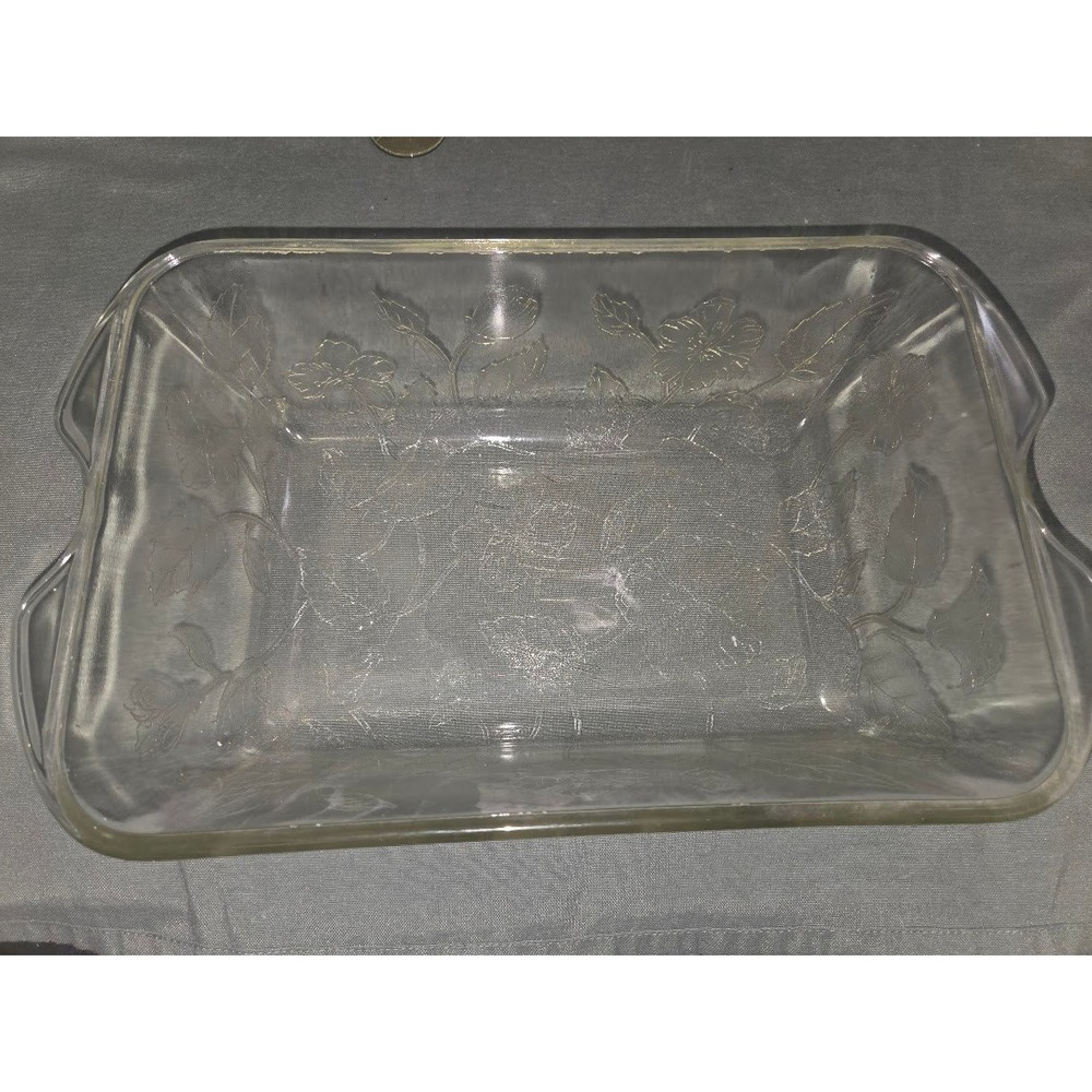 1940's Glassbake Loaf Pan Mckee Glass Ovenware Sears Roebuck Flamex Hibiscus